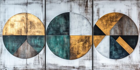 Triptych of abstract circular art with gold, teal, and gray segments on a whitewashed background.