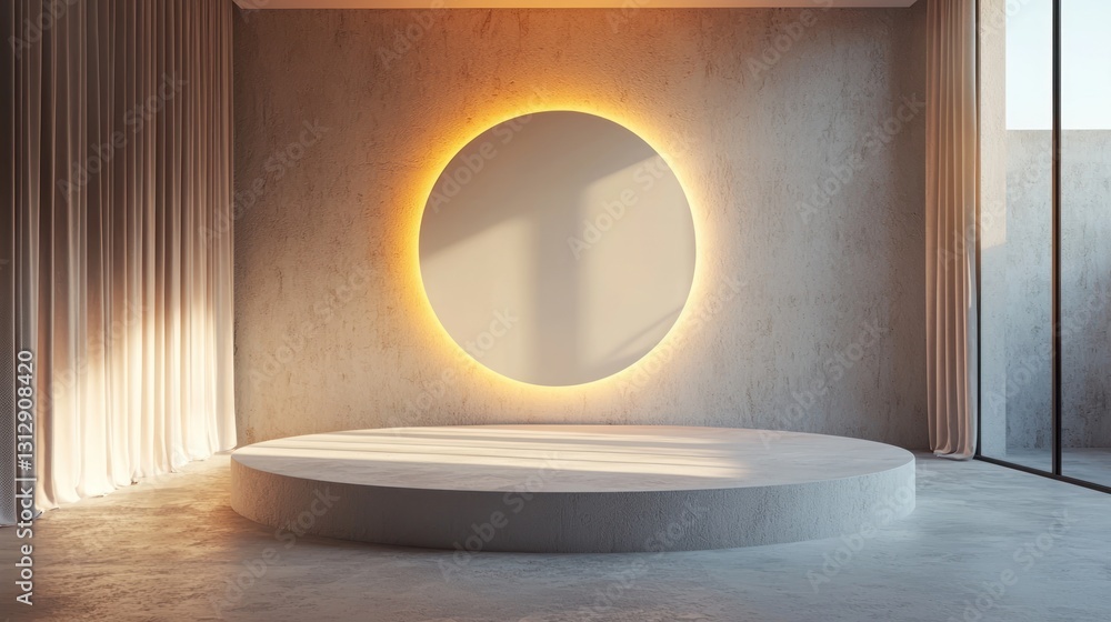 Poster minimalist presentation platform with illuminated circle and neutral color palette