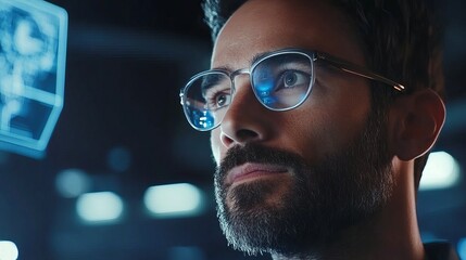 Focused Man with Glasses Analyzing Digital Data Futuristic Technology Interface Screen Modern Business Professional Serious Concentrated Thoughtful   