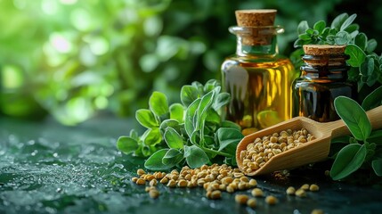 Fenugreek oil with green leaves on a vibrant background showcasing this Asian vegetable ingredient perfect for food enthusiasts