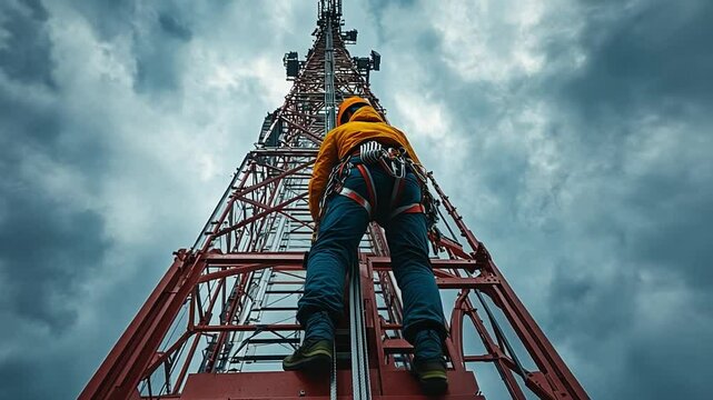 Ascending Heights: A telecom engineer, clad in safety gear, scales a towering communication mast against a dramatic, cloudy sky.