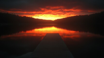 Fototapeta premium Dramatic sunset over still water with trees and a wooden dock