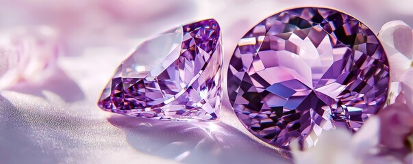 Coloured drawn amethyst birthstone crystals February gemstone gems background with glasses showcasing realistic facets in a beautiful artistic illustration