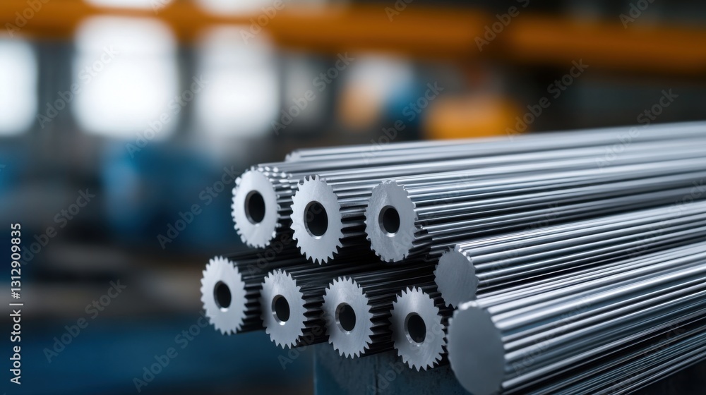 Poster close-up view of metallic rods stacked neatly in industrial workshop environment with blur backgroun