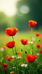 Fototapeta premium Scarlet poppies and delicate wildflowers carpet a sunlit meadow, buzzing with life , landscape, floral, nature