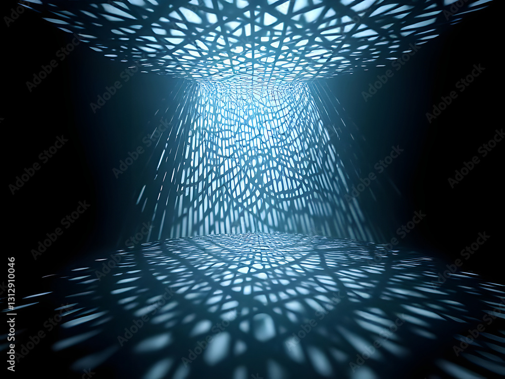 Poster abstract tunnel with intricate pattern of light and shadow, modern architectural design, blue illumi