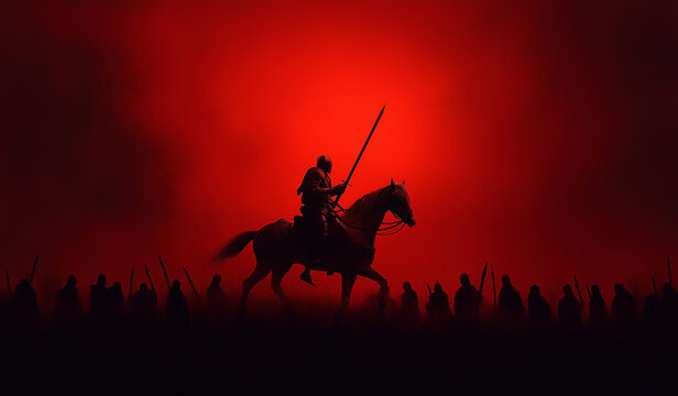 Krieger auf dem Pferd f&uuml;hrt seine Truppen in der roten D&auml;mmerung

