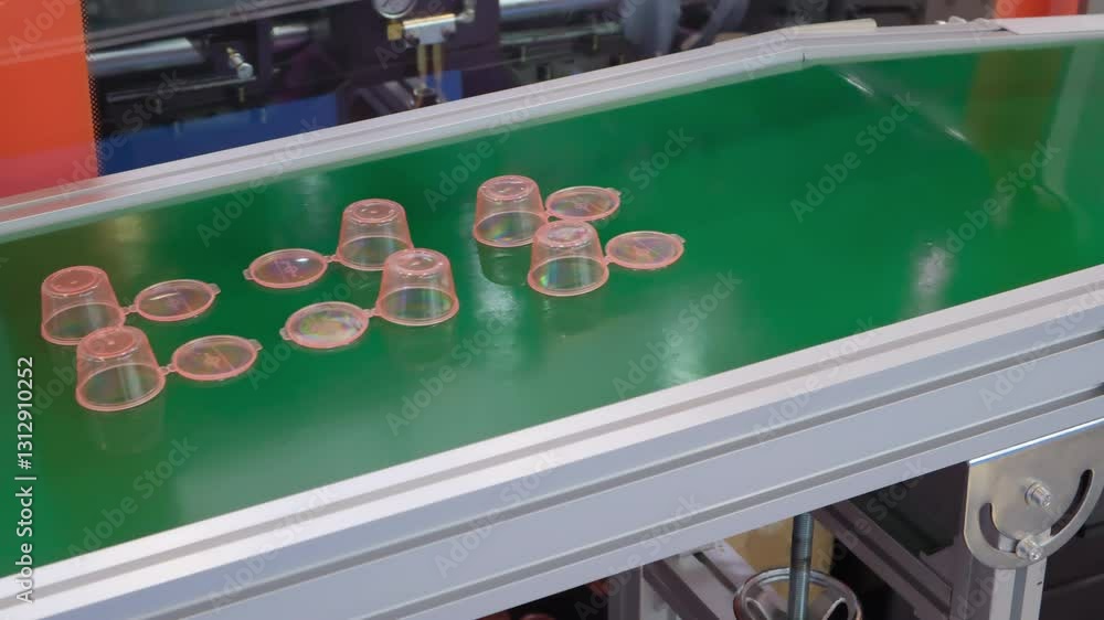 Poster a conveyor belt with pink plastic cups on it. the cups are lined up in a row and are all the same co