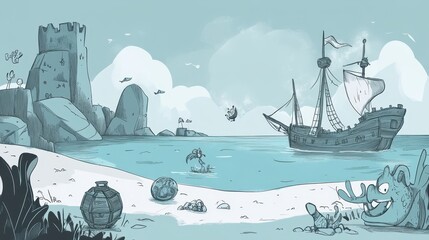 A cartoon pirate ship sails by a coastal scene with castle