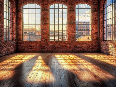 Spacious studio showcasing a wooden floor and a stunning brick wall with large windows creating a bright inviting room perfect for dance or creative activities in architectural style