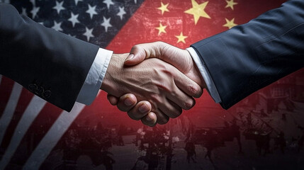 A powerful close-up handshake in front of the American and Chinese flags, representing international cooperation, diplomacy, trade agreements, and global politics. 