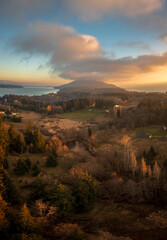 Aerial sunset view of the south side of Lummi Island located near Bellingham, Washington. A short 6...