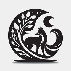  A black and white drawing of a fox with a tail