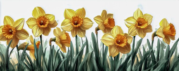 Vibrant daffodils blooming in a lush green field, perfect for springtime marketing and seasonal promotions.