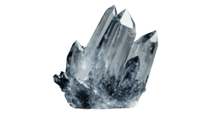 Cluster of quartz crystals showing transparency and cut edges on transparent background