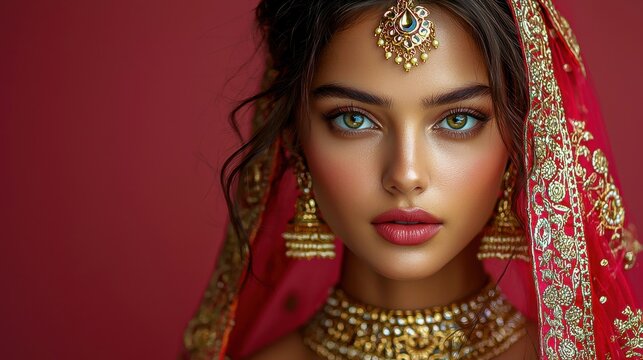 Beautiful Indian princess in traditional red wear showcasing vibrant colours in an elegant oriental showplace, embodying the essence of Asian culture and style.
