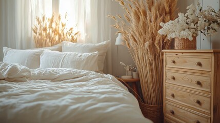 Comfortable bed and chest of drawers against a white wall in an apartment background with dry reeds and an alarm creating a cozy and inviting atmosphere.