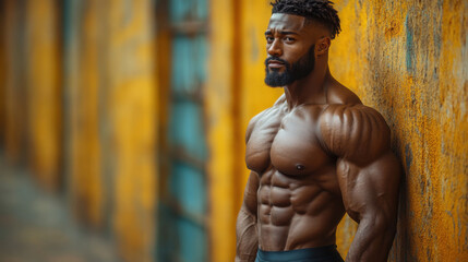 A highly defined white male bodybuilder stands confidently with arms crossed, showcasing well-defined muscles in a vibrant fitness studio. The background features a striking textured wall.