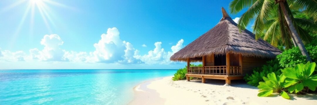 Traditional Fijian thatched hut, palm trees, blue sky, vegetation, getaway