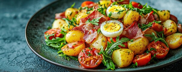 Rustic Mediterranean eatery features a top portion of healthy courgette and arugula salad with ham beautifully presented for a delightful view of fresh ingredients