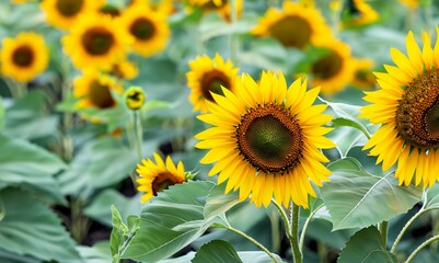 Fototapeta premium Sunflower garden background wallpaper. Sunflower field in summer or spring season. Natural nature background with sunflowers blooming on a sunny day. Vivid color. Selective focus.