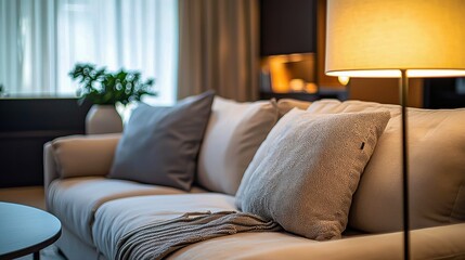 Contemporary apartment arrangement featuring a cosy couch and stylish decor creating a comfortable background for relaxation and comfort in modern decoration.