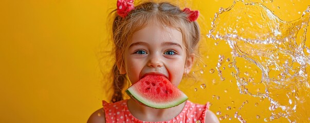 Funny young girl spitting watermelon seeds with joy in her hoyden spirit surrounded by refreshing melon water and vibrant fruit colors