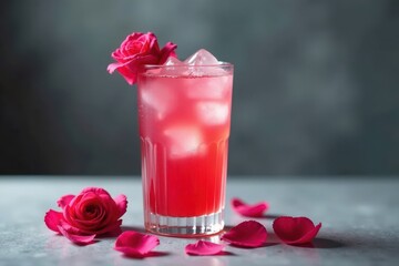 A glass of iced beverage adorned with vibrant rose petals, gray backdrop , summer, visual, light