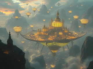 Futuristic Floating City Above Misty Mountains, Golden Domes, Fantasy Illustration.