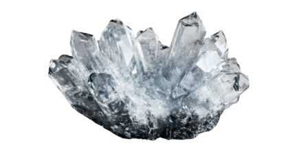 Clear quartz crystal cluster sparkling on transparent background