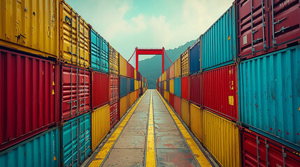 Fototapeta premium A symmetrical perspective of a container lane flanked by brightly colored shipping containers under a soft sky. This visual symbolizes global trade, industrial organization, and the power of logistics