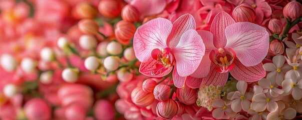 Obraz premium Vibrant orchid and jonquil blossoms create a beautiful floral background texture showcasing nature's finest plants and flowers on a stunning surface ideal for any design project.