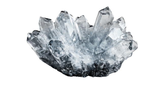 Clear quartz crystal cluster sparkling on transparent background