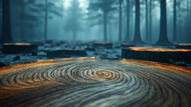 Forest floor: A close-up shot of a cut tree reveals the intricate patterns of the wood, while the background showcases a misty forest, with tall trees disappearing into the fog.
