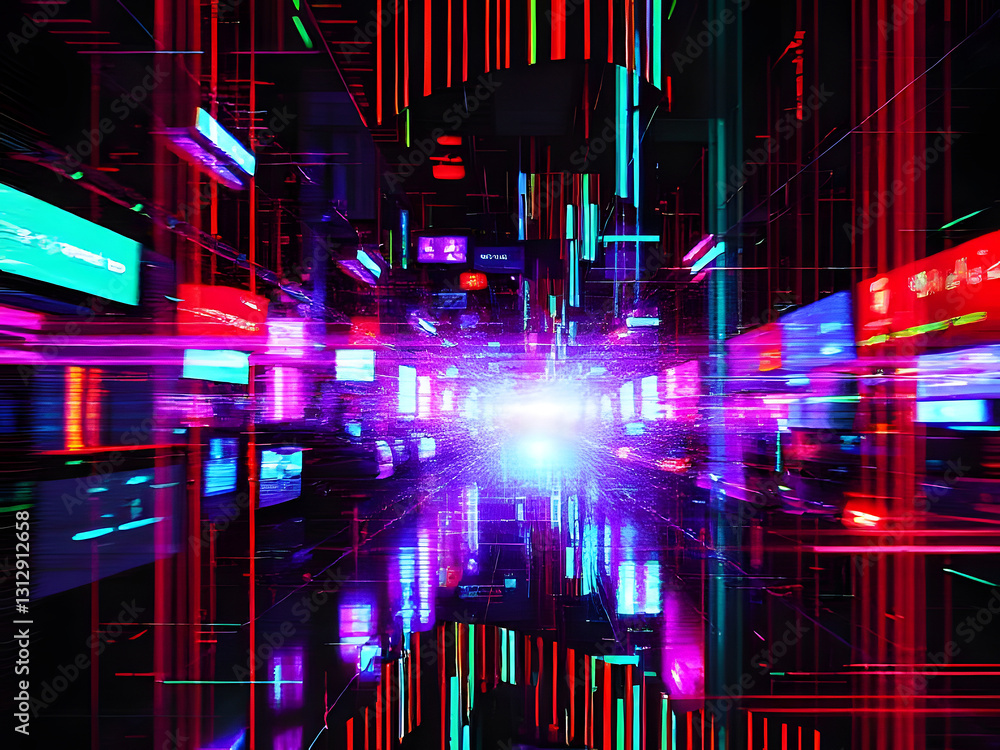 Poster abstract futuristic digital tunnel - glowing light & data stream visualization.