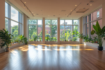 Bright sunlight fills a spacious studio with wooden flooring, illuminated plants lining the windows, creating a peaceful atmosphere for yoga or meditation.