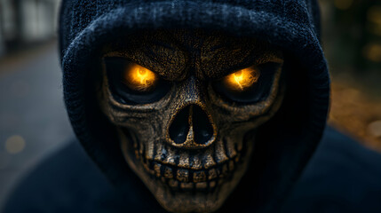 Naklejka premium Figure wearing a hood with a glowing skull mask staring ahead