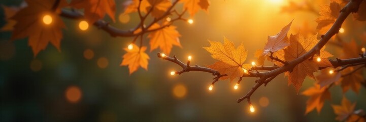 Golden leaves, warm-toned fairy lights strung on branches , fall, photography