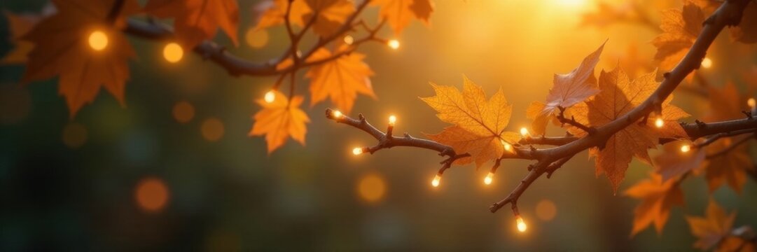 Golden leaves, warm-toned fairy lights strung on branches , fall, photography