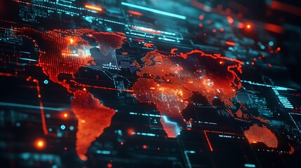 A digital representation shows a glowing world map with data