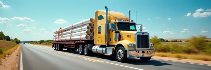 Beige semi-truck hauls plastic pipes on step deck trailer, summer highway , meadow, pipes