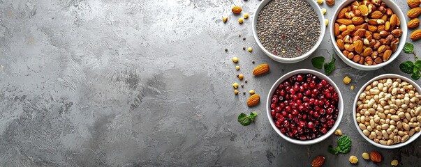 Top view of an assortment of nuts and berries in white bowls against a grey background showcasing a delightful mix of textures and colors.