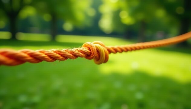Brightly colored rope, happy tug-of-war in green park, leisure, teamwork