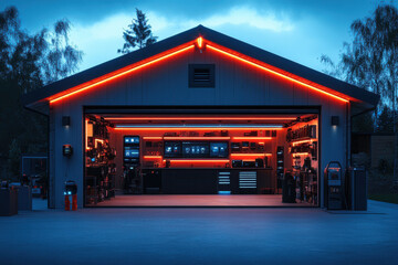 A garage features hand-drawn illuminated smart sensors along the walls, providing a unique lighting design in a contemporary workspace at dusk. Tools and equipment are organized neatly.