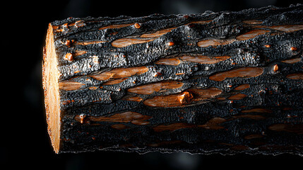 Close up photograph of charred log with textured surface