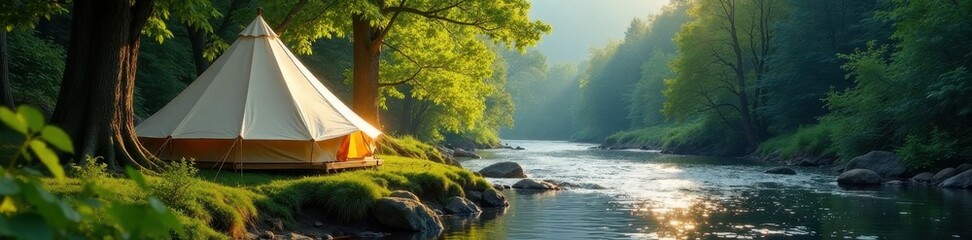Fototapeta premium Canvas tent nestled amongst trees beside flowing river, riverside, trees