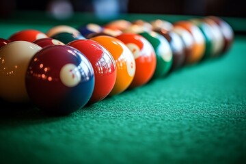 Close-up of Colorful Billiard Balls on Green Felt Table