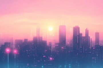 An artistic digital painting of a glowing city skyline