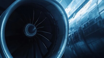 Fototapeta premium Close-up of a jet engine showcasing its intricate design and engineering.