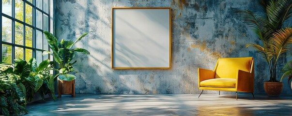 Modern empty room with a stylish blank poster frame featuring contemporary art and furniture design perfect for apartment decor with space for copy and a touch of elegance.